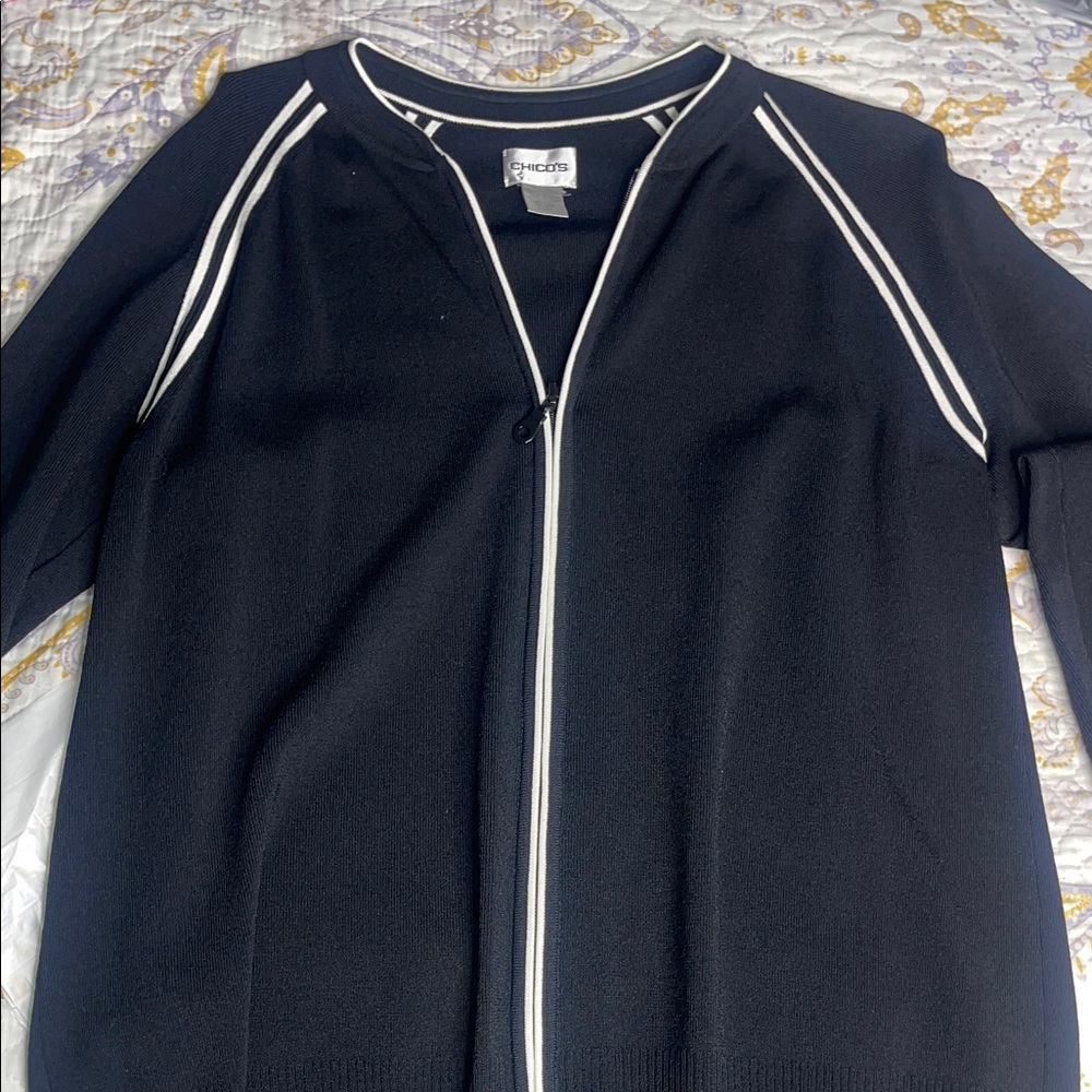 Chico's Navy Cardigan with Cream Accents